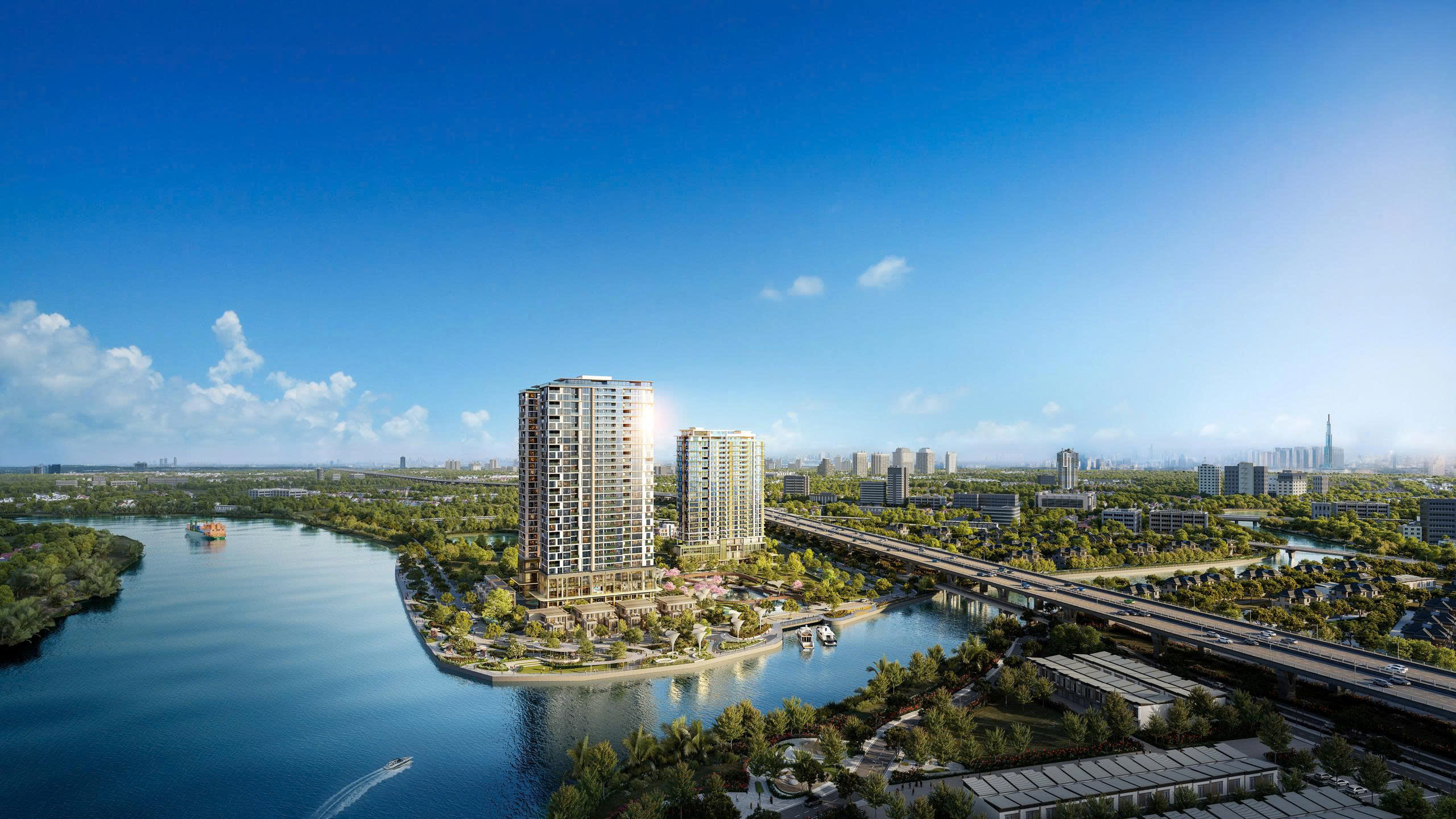 Phối cảnh tổng thể IKI Village bên sông với hai tòa tháp và cảnh quan xanh