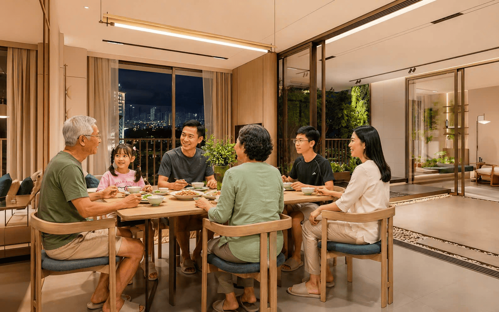 Bữa cơm sum họp của gia đình 3 thế hệ trong căn hộ cho gia đình đa thế hệ