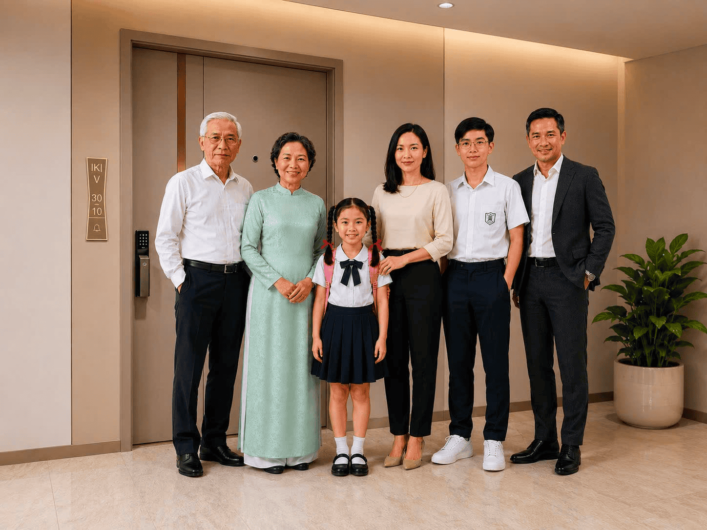 Gia đình 3 thế hệ trước cửa căn hộ cho gia đình đa thế hệ tại TP.HCM
