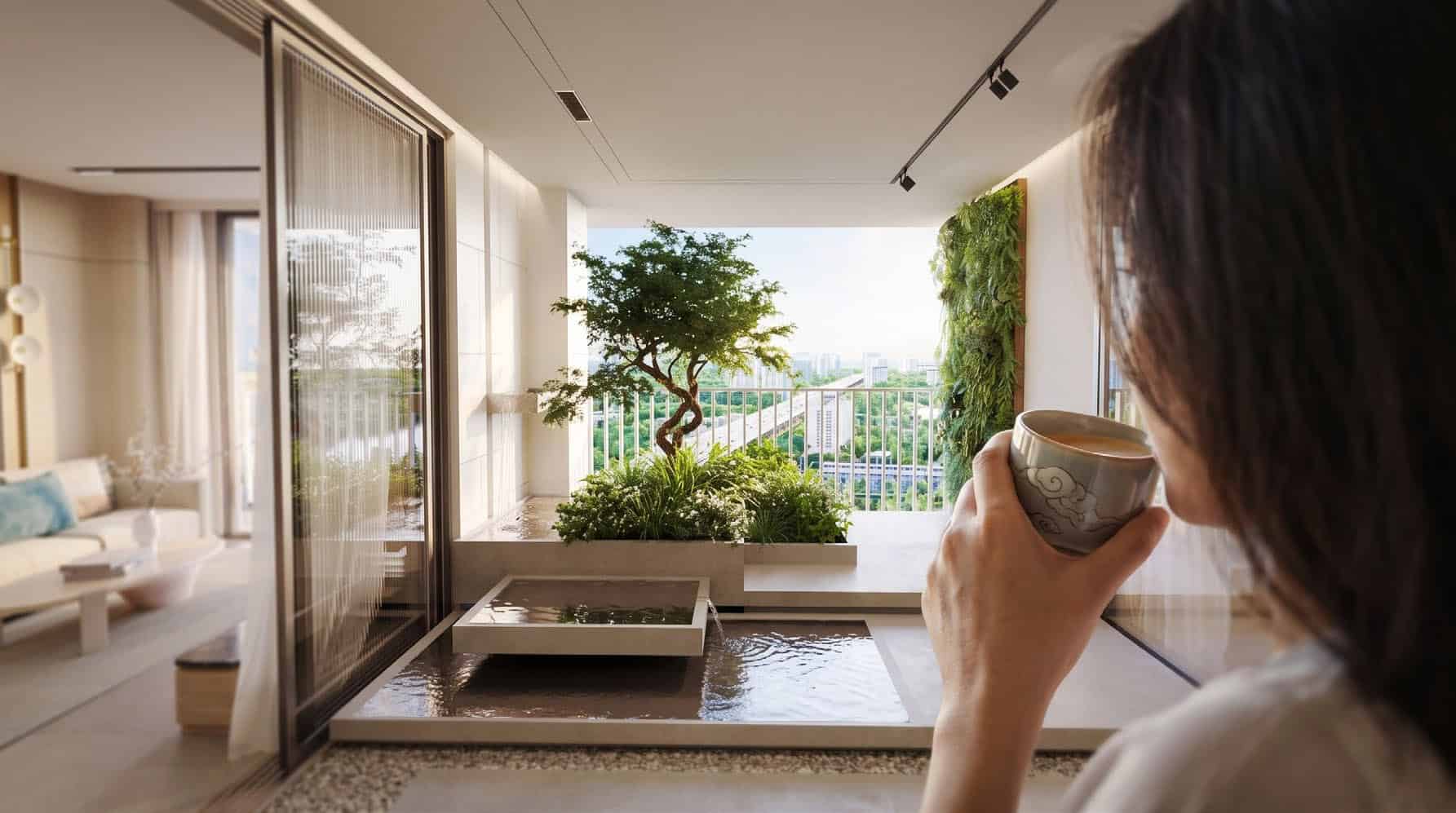 Phối cảnh khu vườn trên cao IKI Village đón ánh sáng buổi sáng