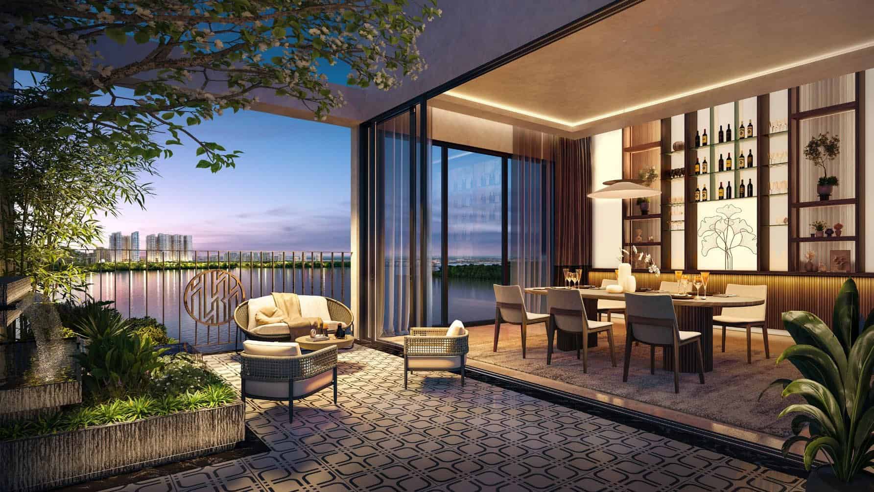 Phối cảnh Sky Garden IKI Village mở ra tầm nhìn sông lúc hoàng hôn
