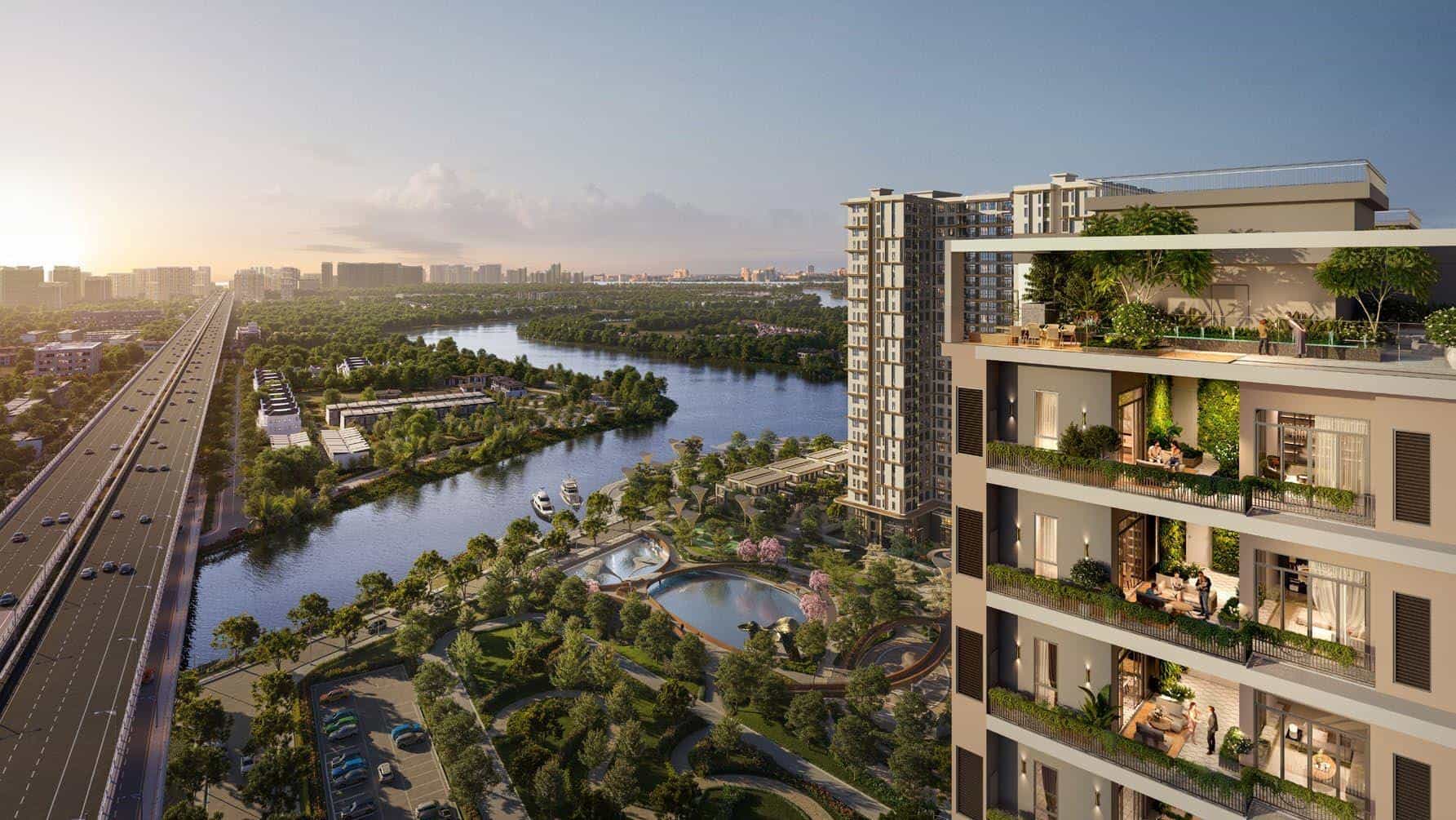Phối cảnh IKI Village với các tầng Sky Garden, cảnh quan xanh và tầm nhìn sông