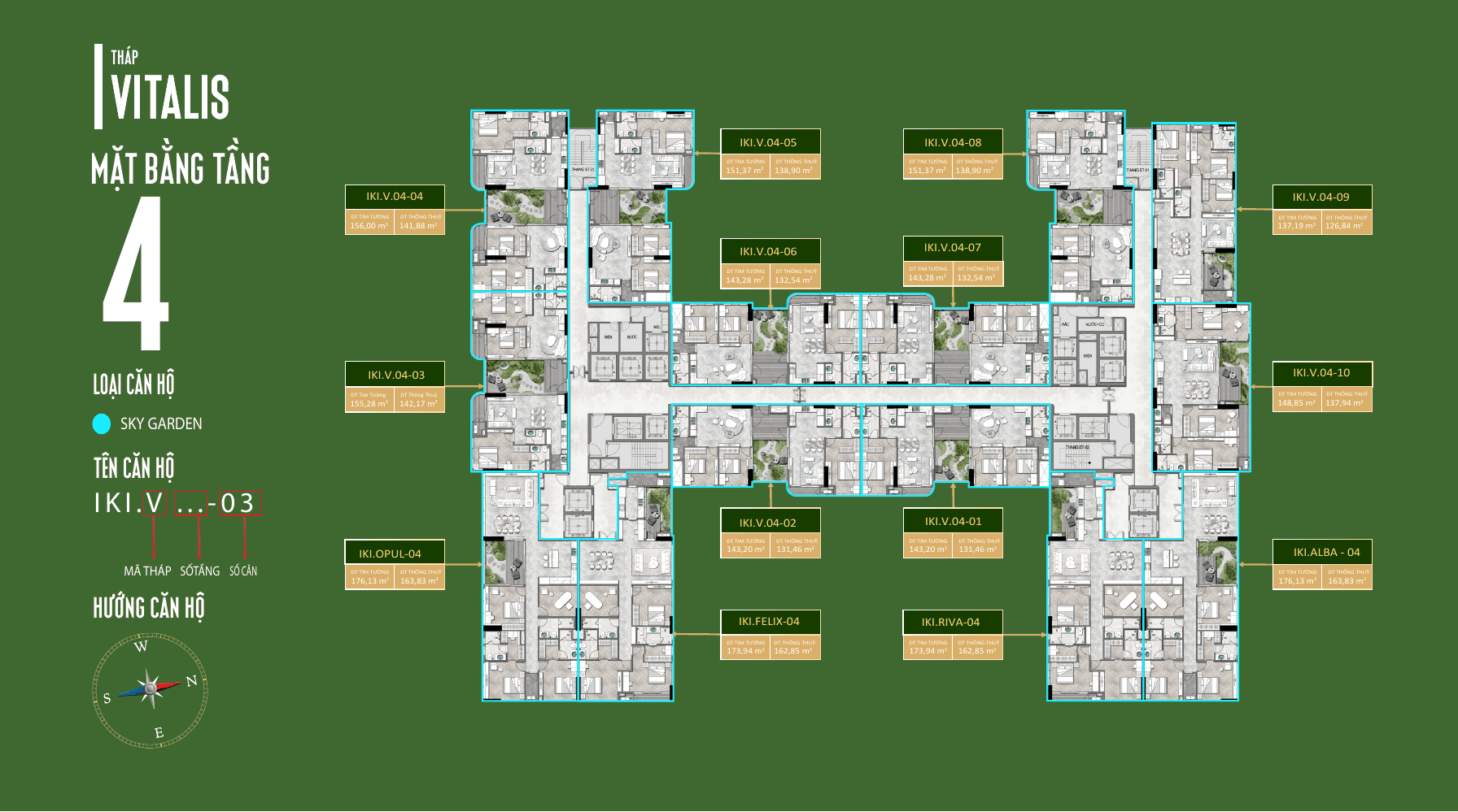 Mặt bằng tầng 4 tháp Vitalis IKI Village với vị trí các căn Sky Garden
