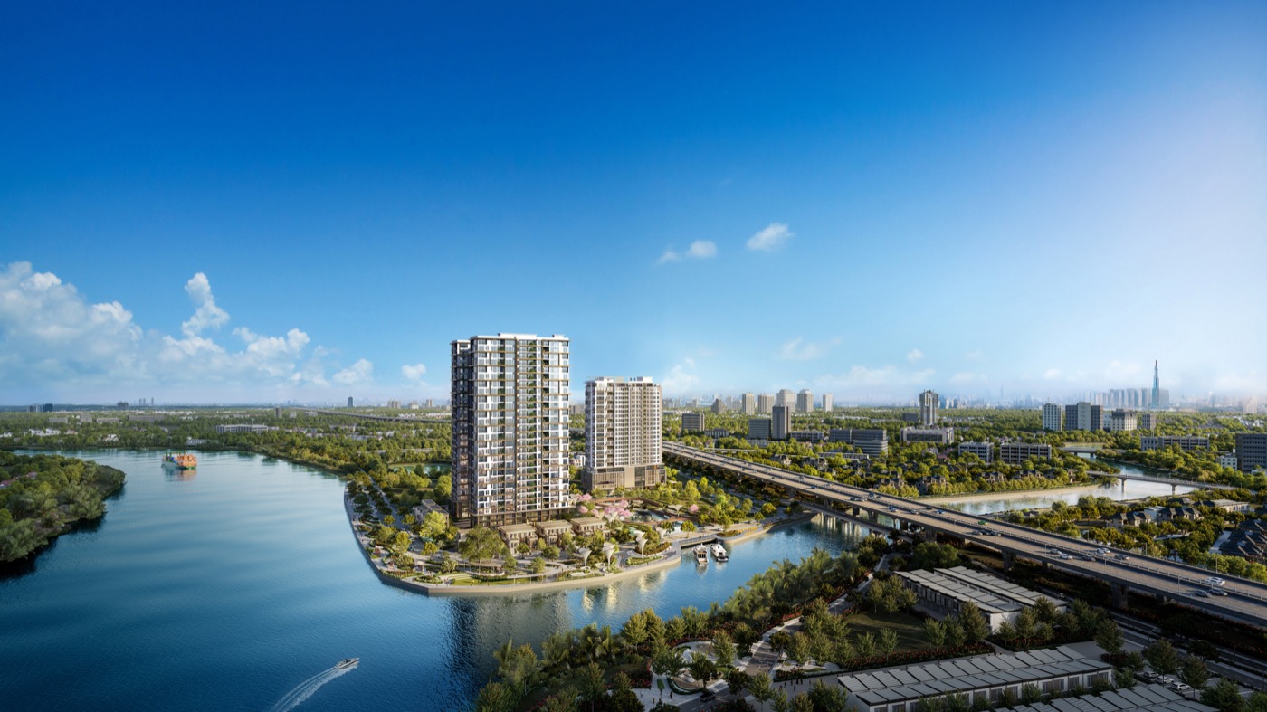 Phối cảnh tổng thể IKI Village tại khu vực ven sông khi đánh giá vị trí và kết nối