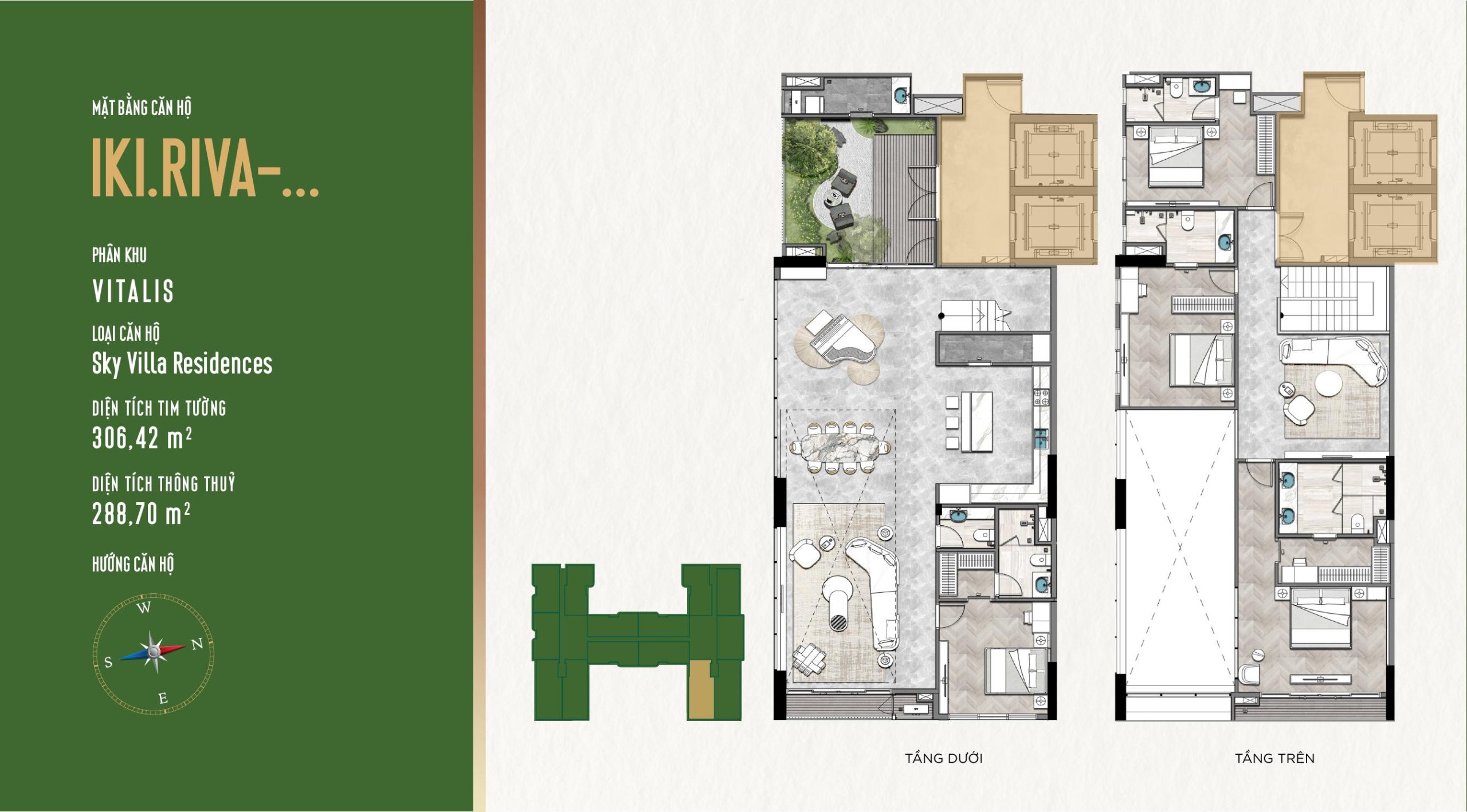 Mặt bằng Sky Villa RIVA IKI Village tháp Vitalis gồm tầng dưới, tầng trên và khu vườn riêng