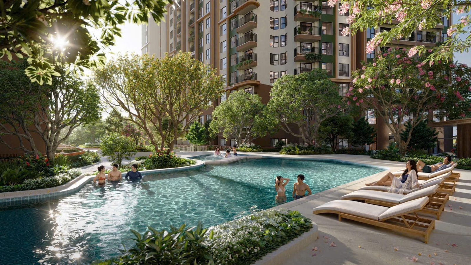 Hồ bơi tự nhiên dạng suối Home Forest giữa vườn cây