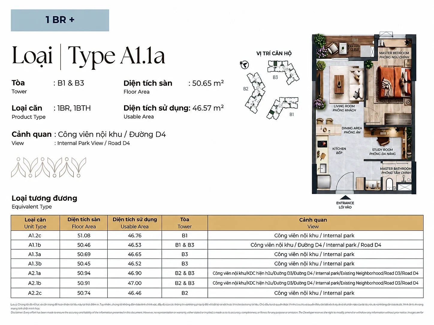 Layout căn 1PN+ Norton Park A1.1a 50m2