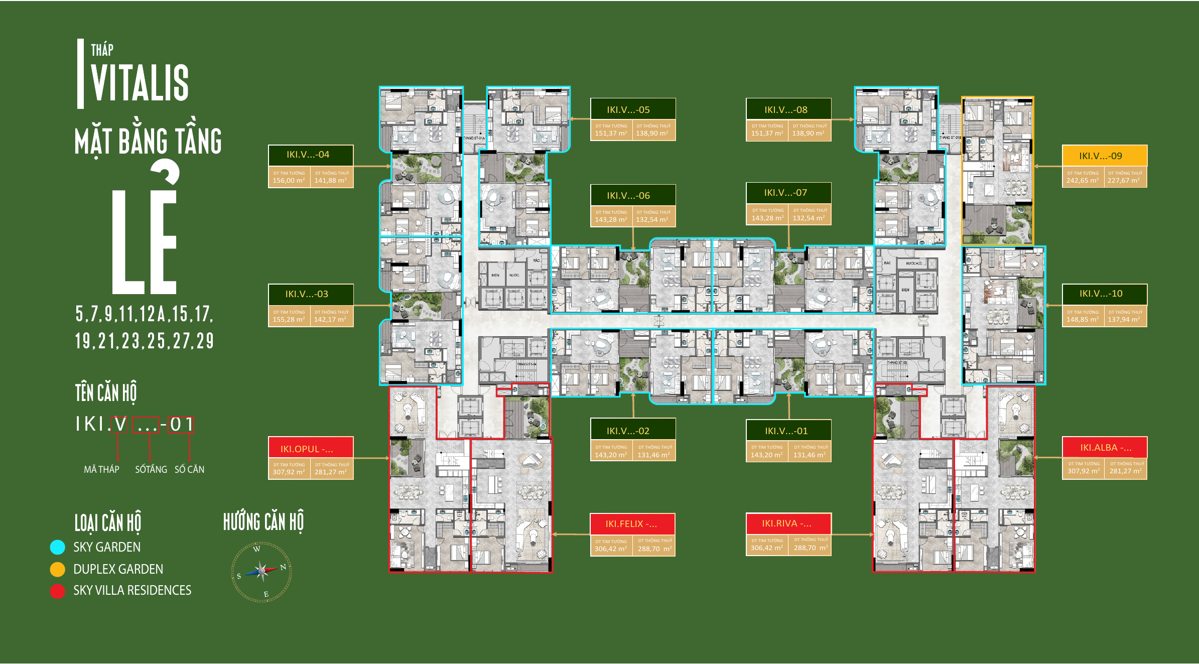 Mặt bằng tầng lẻ tháp Vitalis IKI Village với Sky Garden, Duplex Garden và Sky Villa