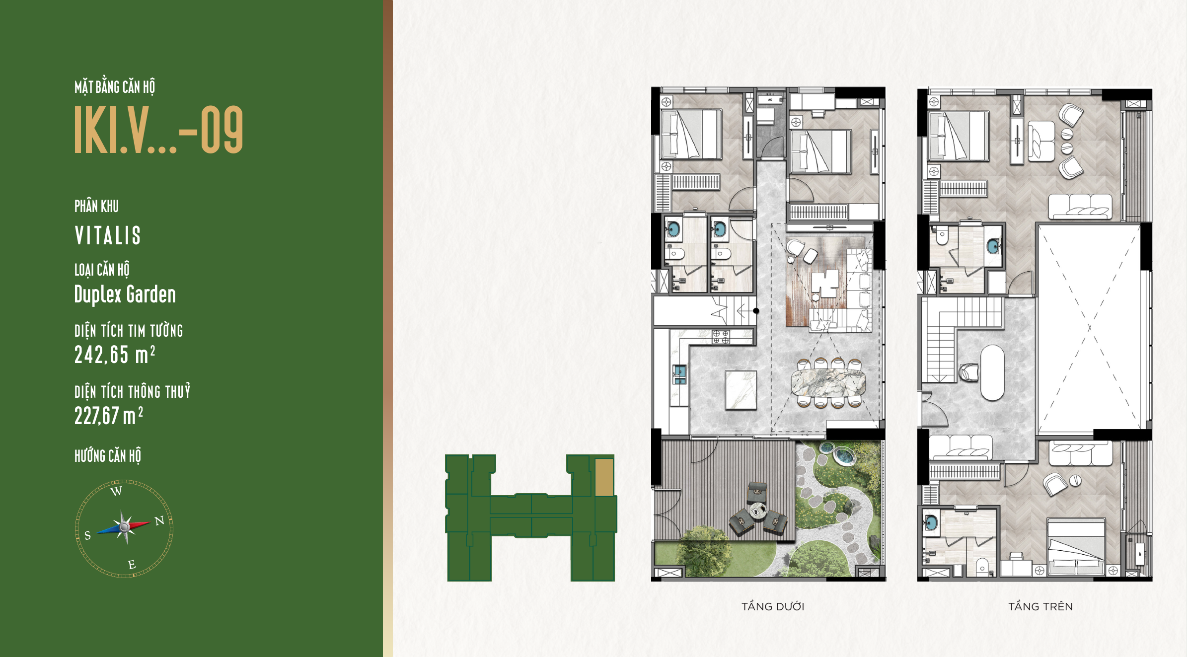 Mặt bằng Duplex Garden IKI Village mã IKI.V-09 tháp Vitalis gồm tầng dưới, tầng trên và khu vườn riêng